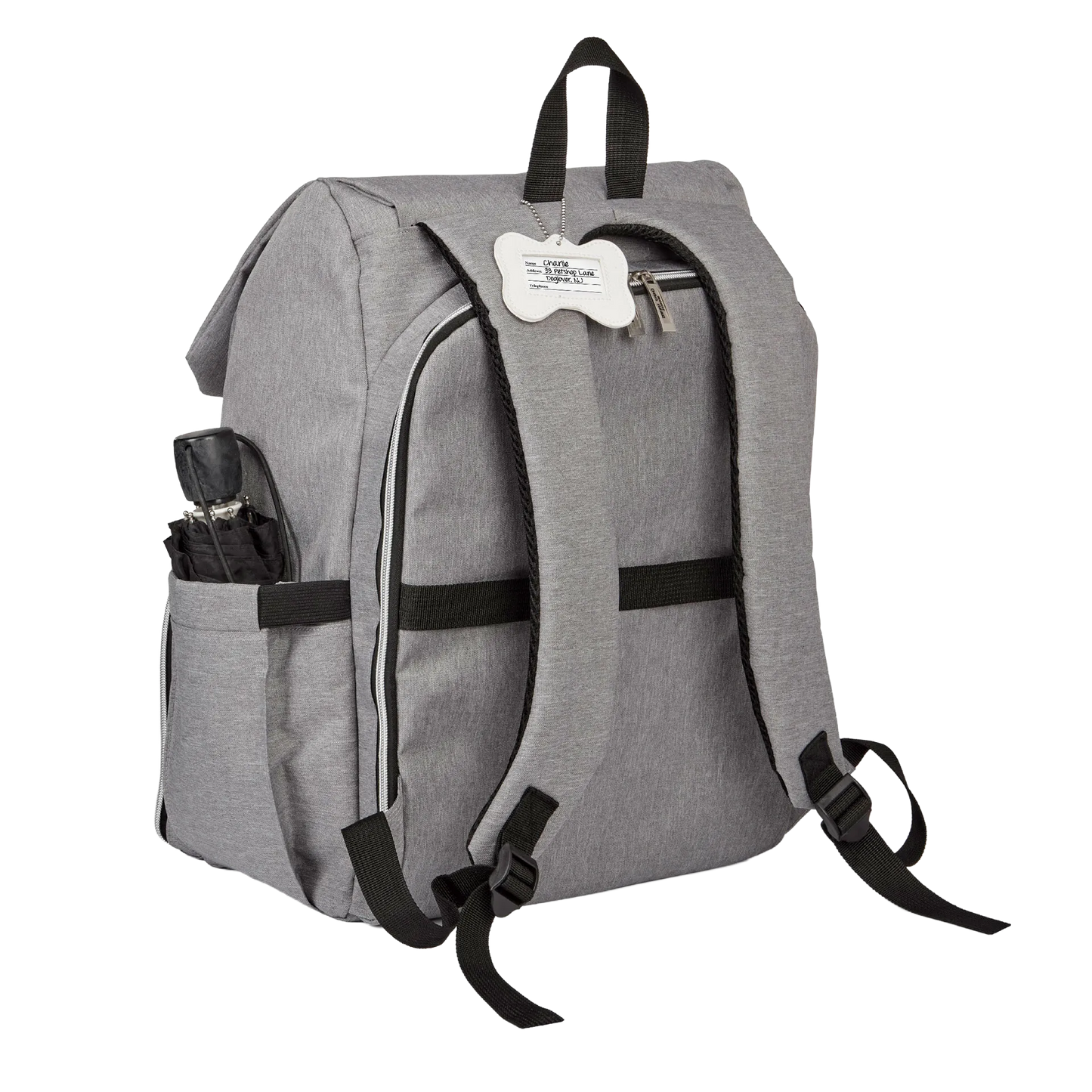 Ultimate Week Away Backpack,"Gray backpack shown from back with shoulder straps and side pocket"
