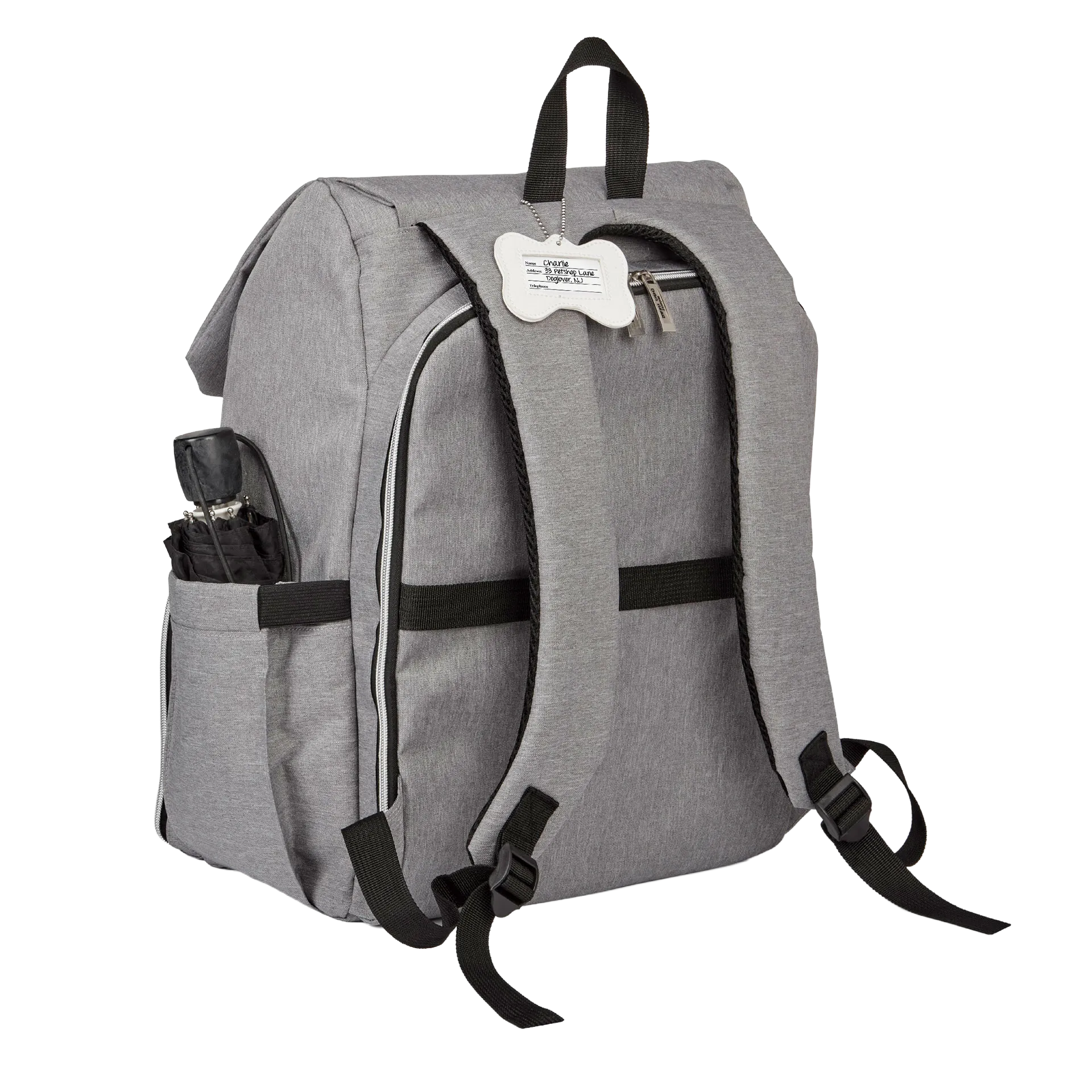 Ultimate Week Away Backpack,"Gray backpack shown from back with shoulder straps and side pocket"