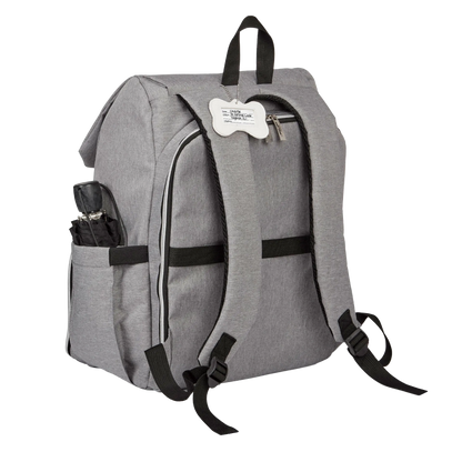 Ultimate Week Away Backpack,"Gray backpack shown from back with shoulder straps and side pocket"