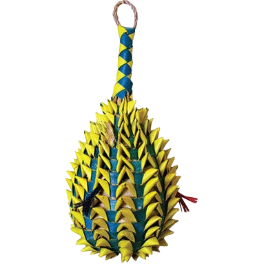 Pineapple Pinata Foraging Toy,"Woven yellow and teal pineapple-shaped hanging toy with loop"