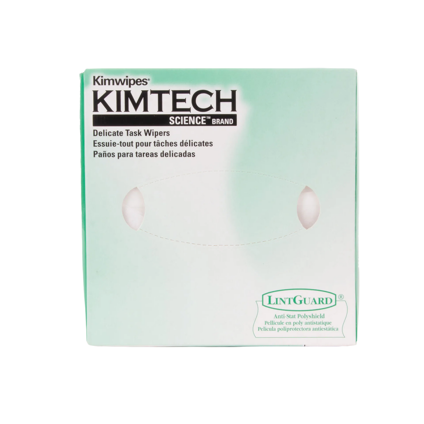 Kim Wipes,"Front view of tissue box with oval dispensing opening"