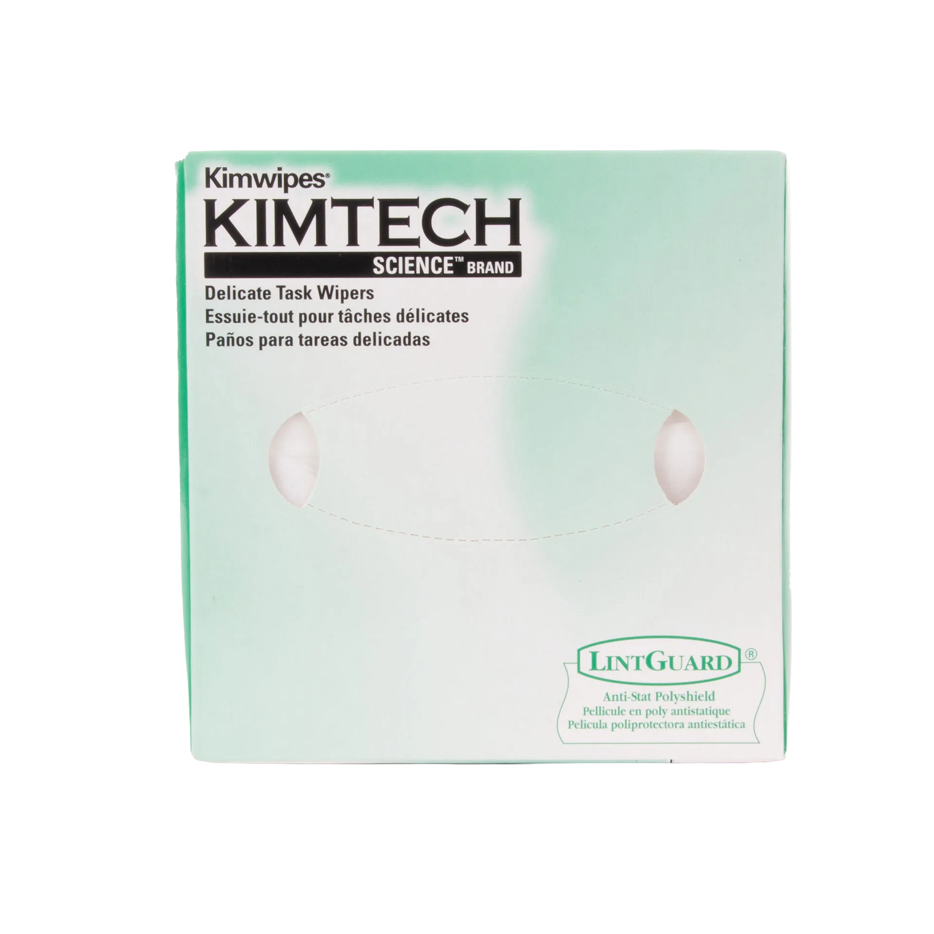 Kim Wipes,"Front view of tissue box with oval dispensing opening"
