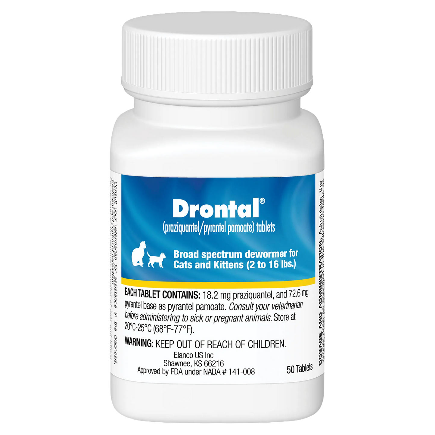 Drontal® for Cats,"White pill bottle with blue label and white cap"