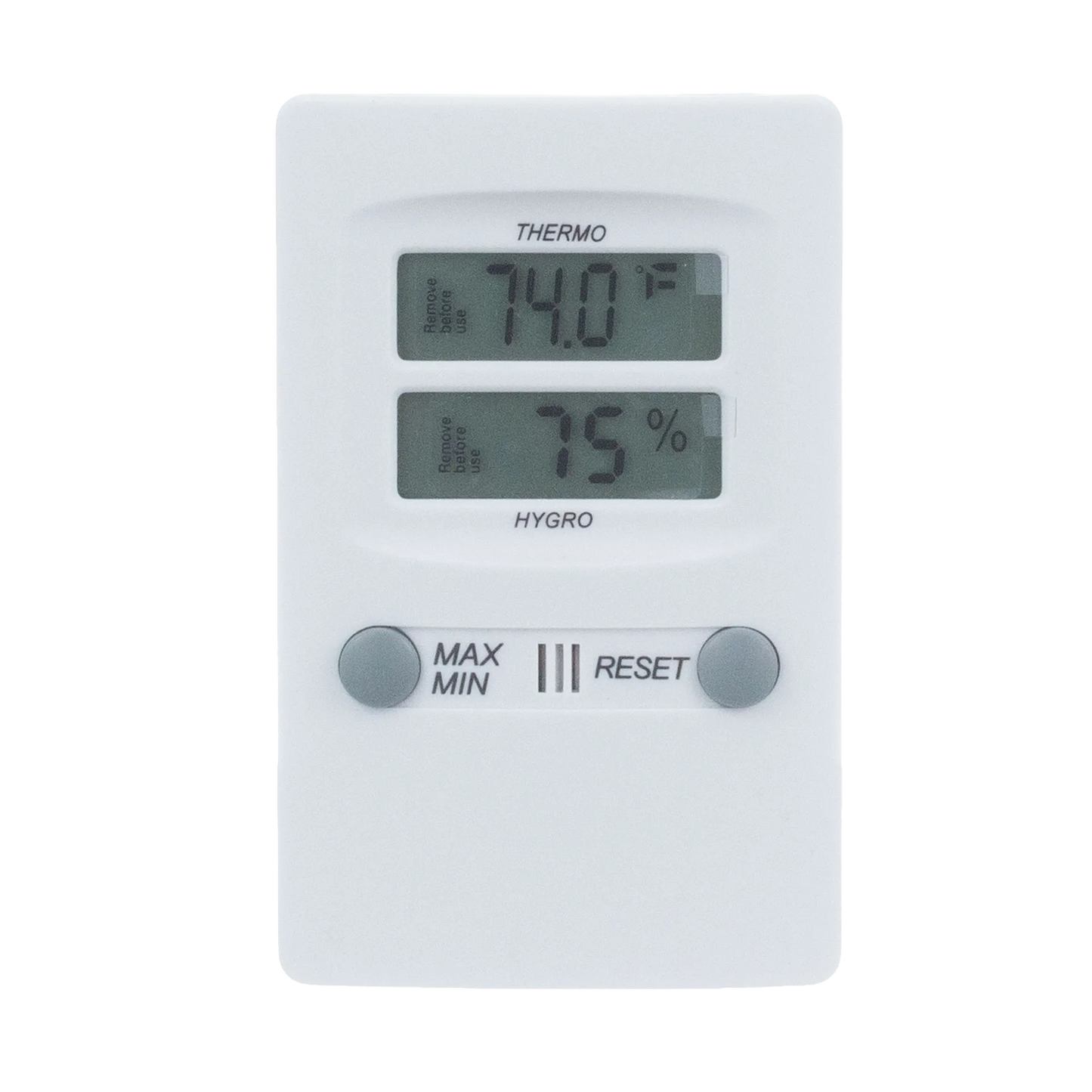 Hygro-Thermometer,"White digital meter with dual display screens and two buttons"