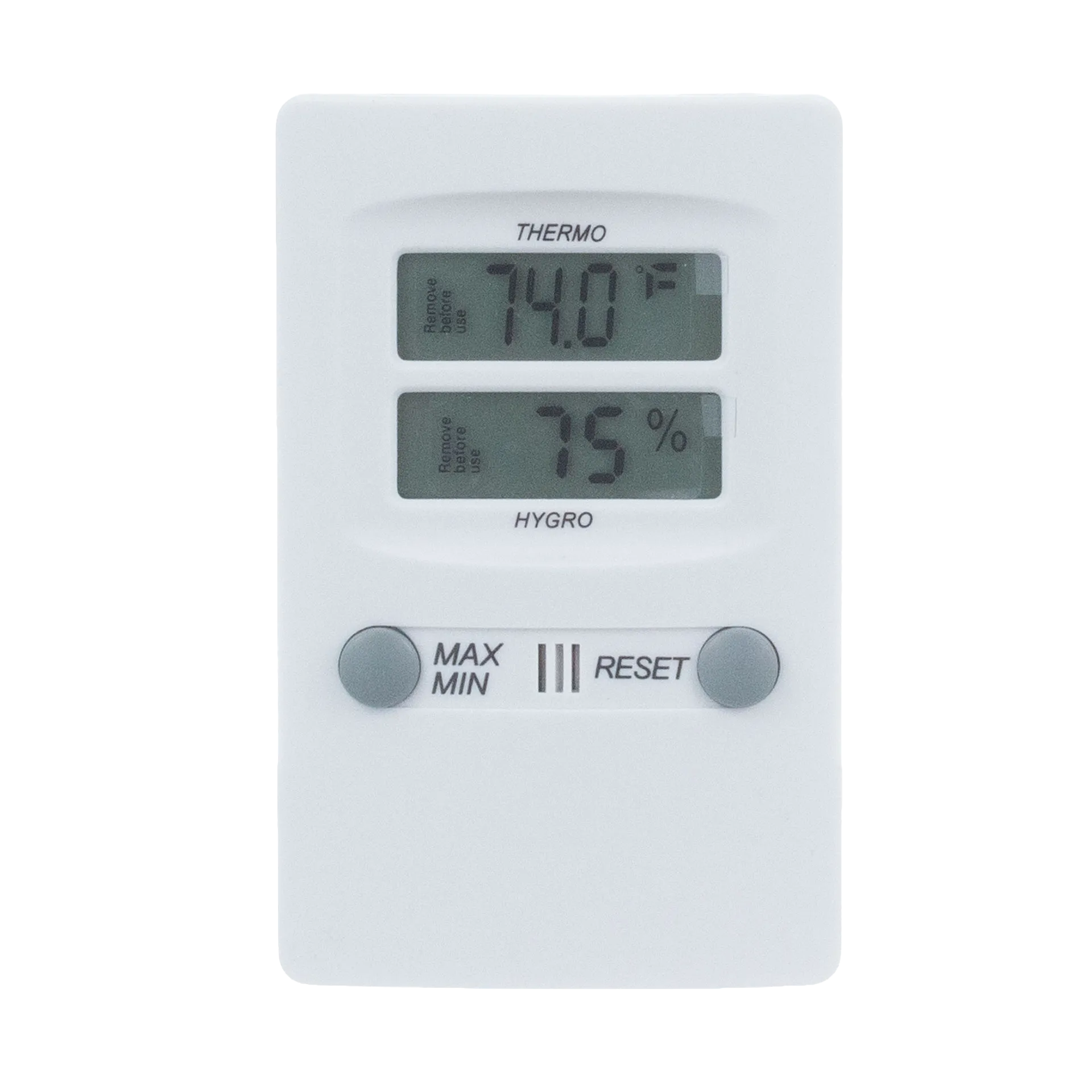 Hygro-Thermometer,"White digital meter with dual display screens and two buttons"
