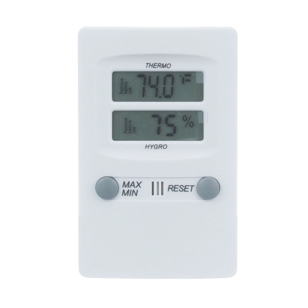 Hygro-Thermometer,"White digital meter with dual display screens and two buttons"