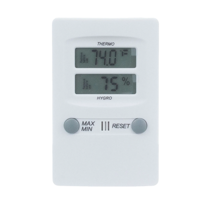 Hygro-Thermometer,"White digital meter with dual display screens and two buttons"