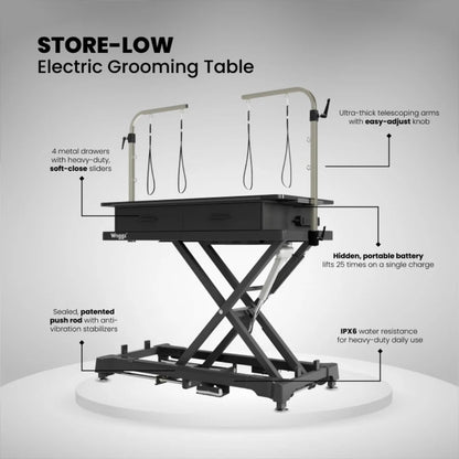 "50"" Dog Grooming 908P Electric Table with Drawer by Waggz","Electric grooming table with two overhead arms and four drawers"