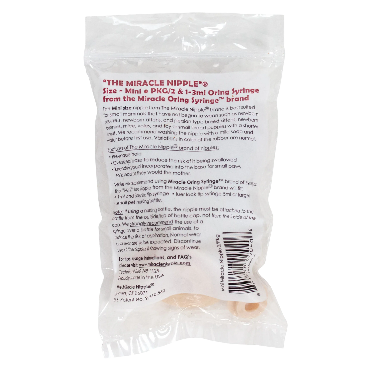 "The Miracle Nipple® for Kittens, Puppies, and Small Mammals","Clear plastic bag with two small rubber nipples"