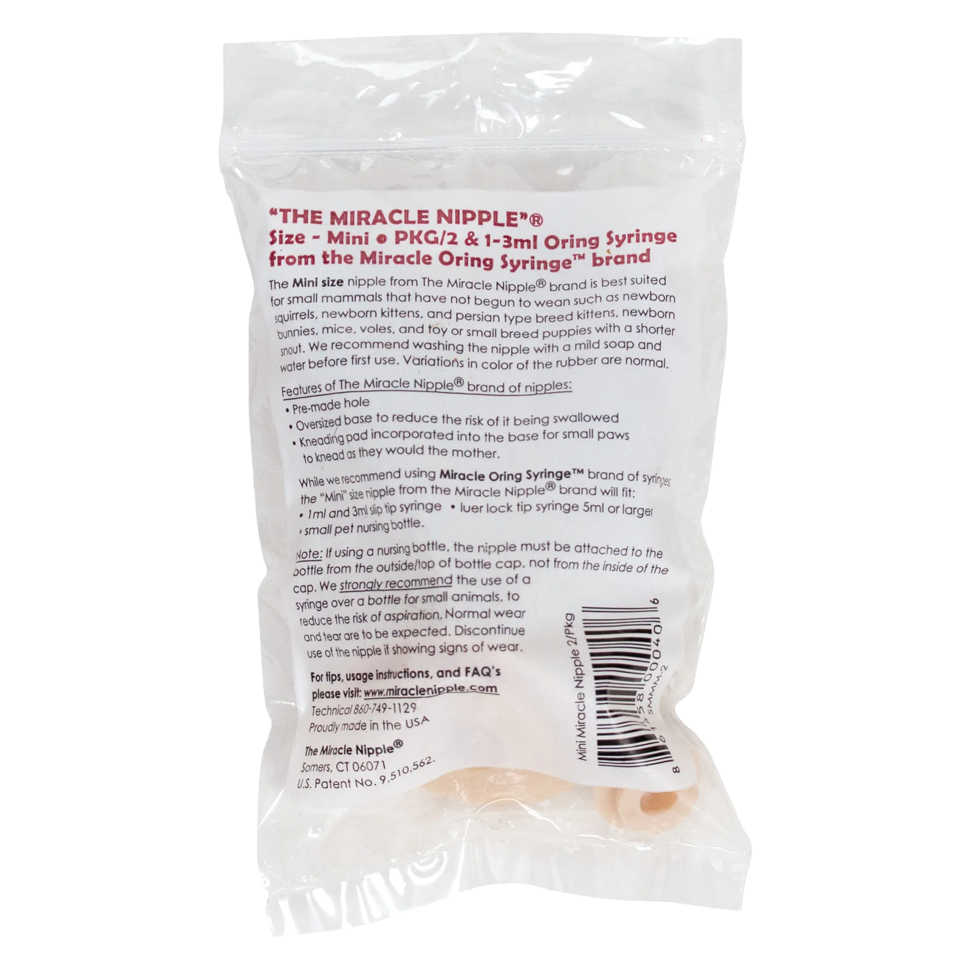 "The Miracle Nipple® for Kittens, Puppies, and Small Mammals","Clear plastic bag with two small rubber nipples"