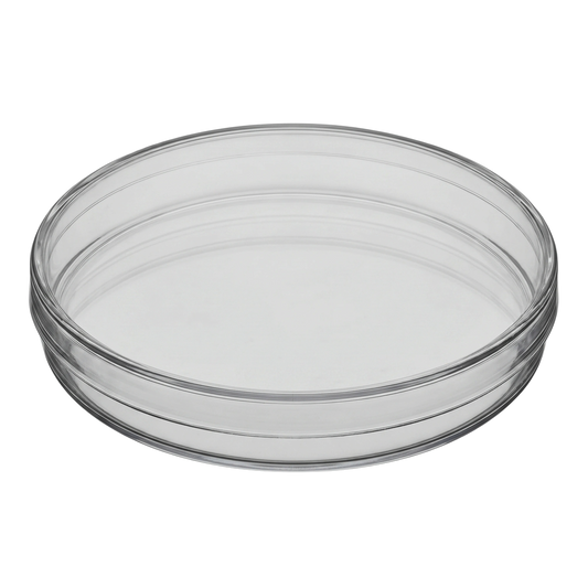 Petri dish 150mmx15mm,"Clear petri dish with lid, angled side view"