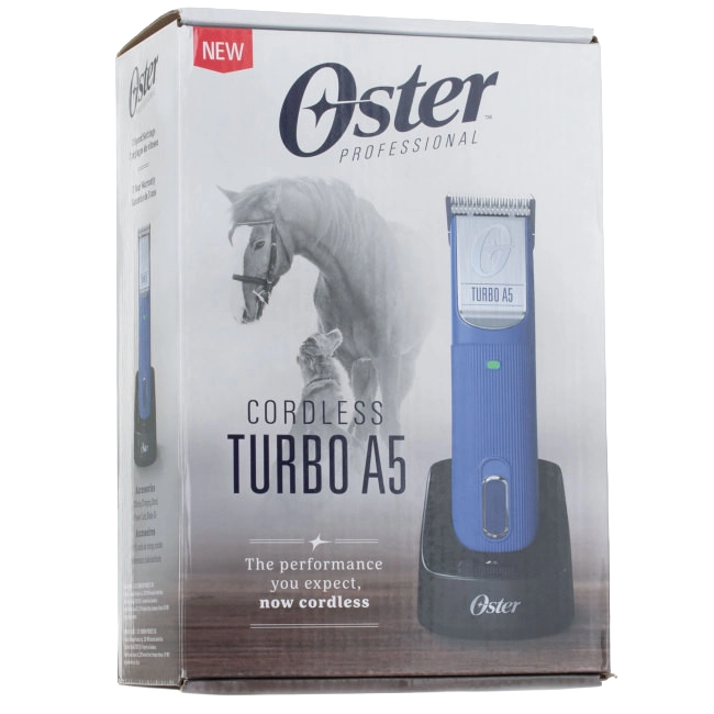 Oster® Cordless Turbo A5® Clipper,"Box showing cordless clipper with charging base"
