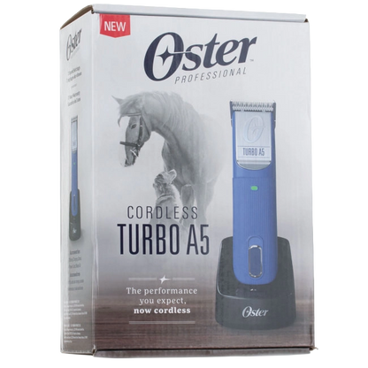 Oster® Cordless Turbo A5® Clipper,"Box showing cordless clipper with charging base"