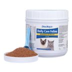 Doc Roy's® Daily Care Feline,"White supplement tub with blue scoop and brown granules"