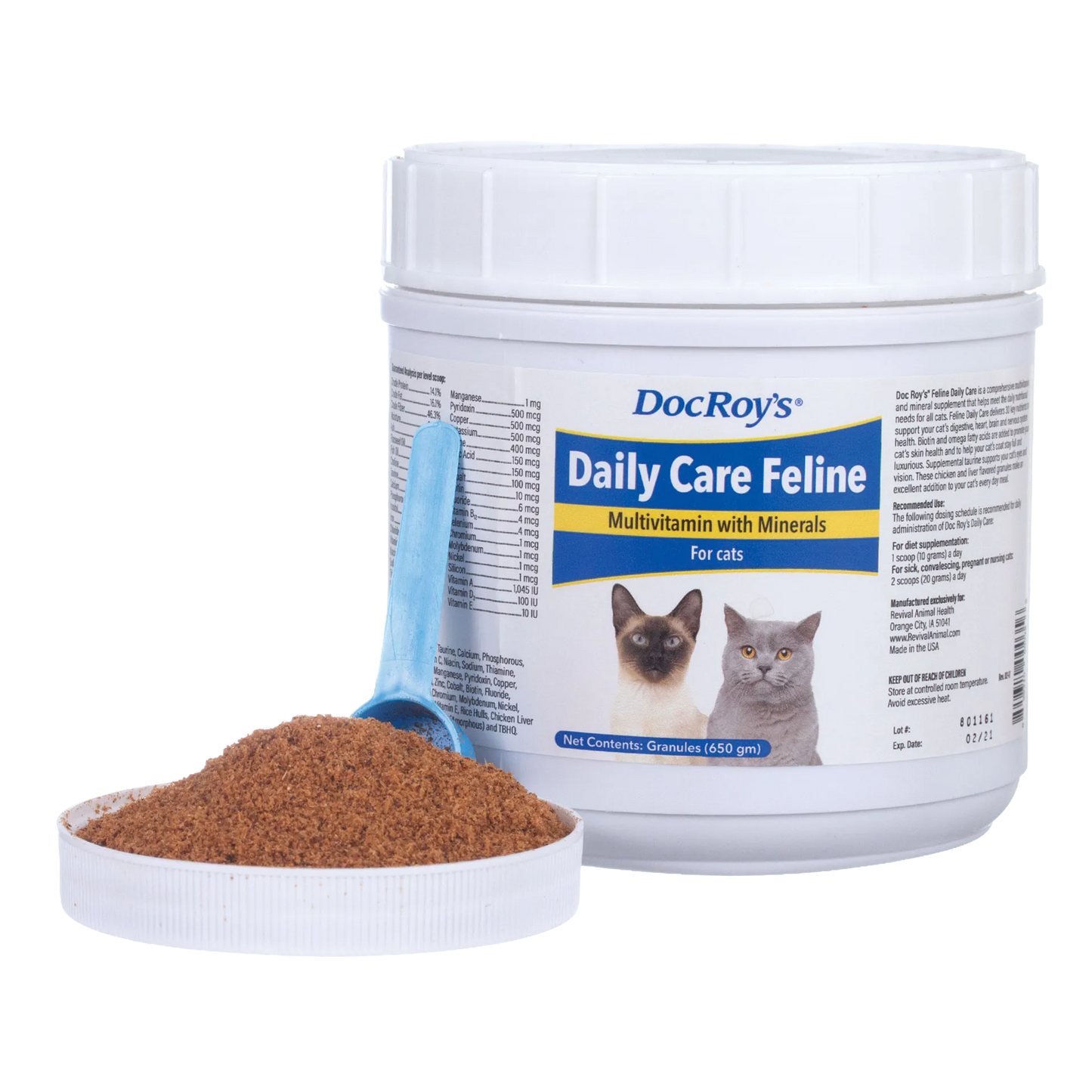 Doc Roy's® Daily Care Feline,"White supplement tub with blue scoop and brown granules"