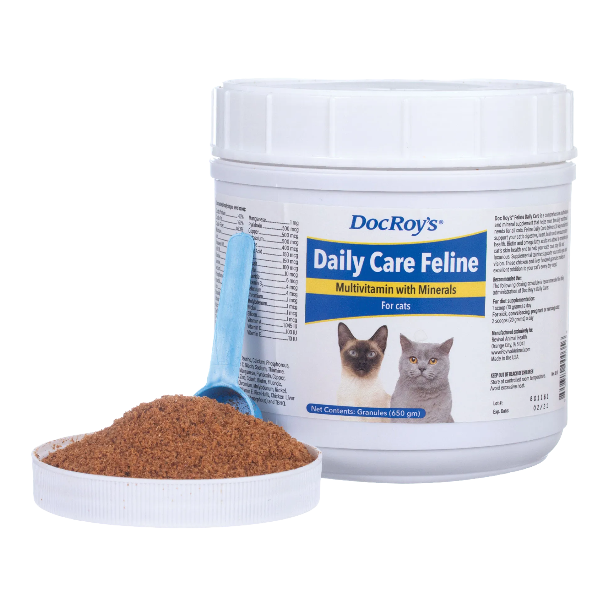 Doc Roy's® Daily Care Feline,"White supplement tub with blue scoop and brown granules"