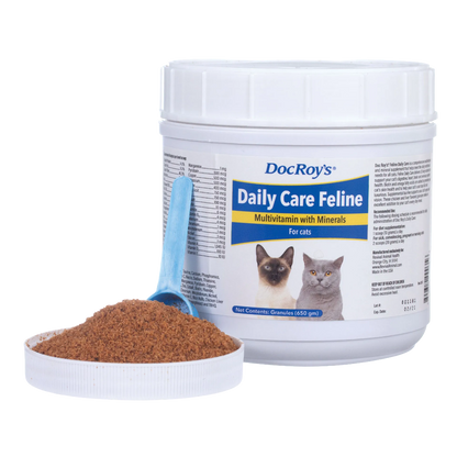 Doc Roy's® Daily Care Feline,"White supplement tub with blue scoop and brown granules"