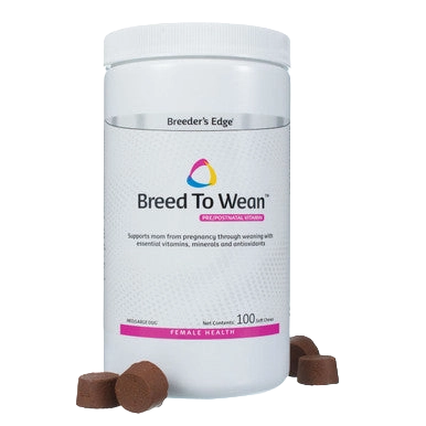 Breeder's Edge® Breed To Wean™,"White supplement jar with brown chew tablets"