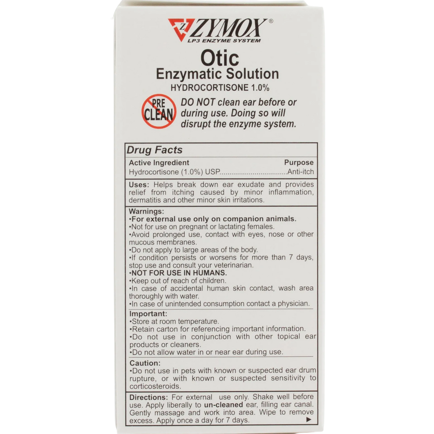 Zymox® Otic HC 1.0% Enzymatic Solution,"Front view of product box with drug facts panel"