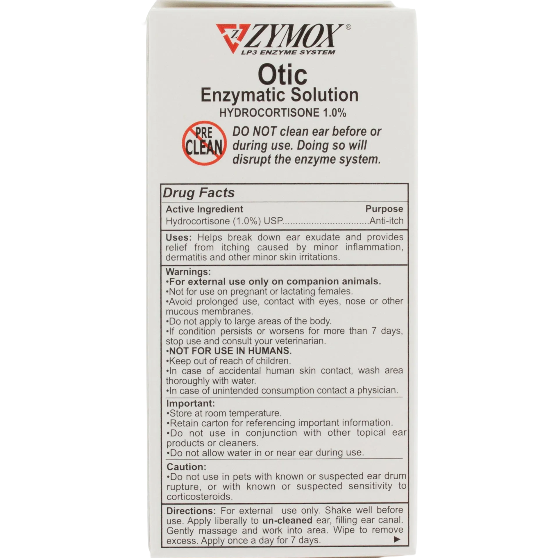 Zymox® Otic HC 1.0% Enzymatic Solution,"Front view of product box with drug facts panel"