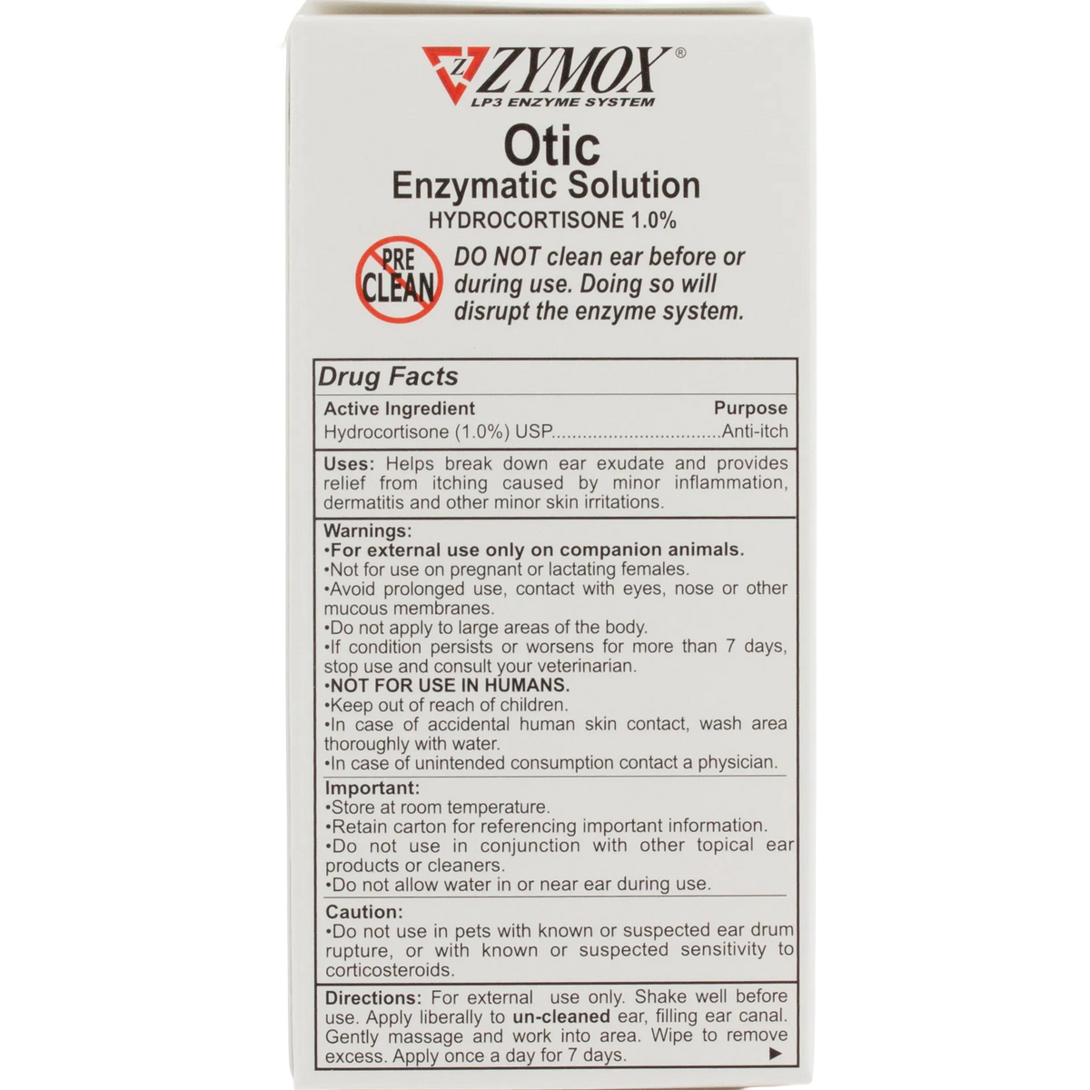 Zymox® Otic HC 1.0% Enzymatic Solution,"Front view of product box with drug facts panel"