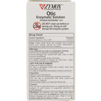 Zymox® Otic HC 1.0% Enzymatic Solution,"Front view of product box with drug facts panel"