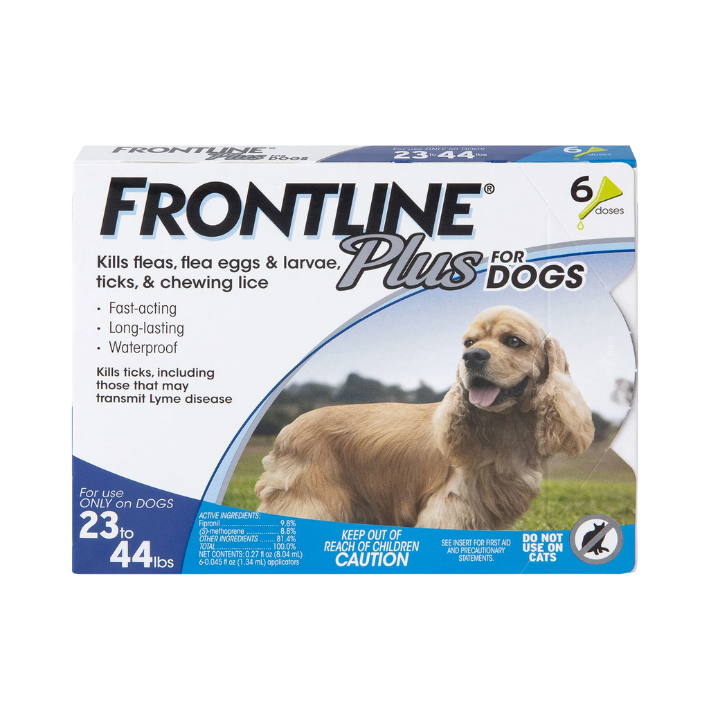 Frontline® Plus for Dogs,"Front view of flea treatment box with dog image"