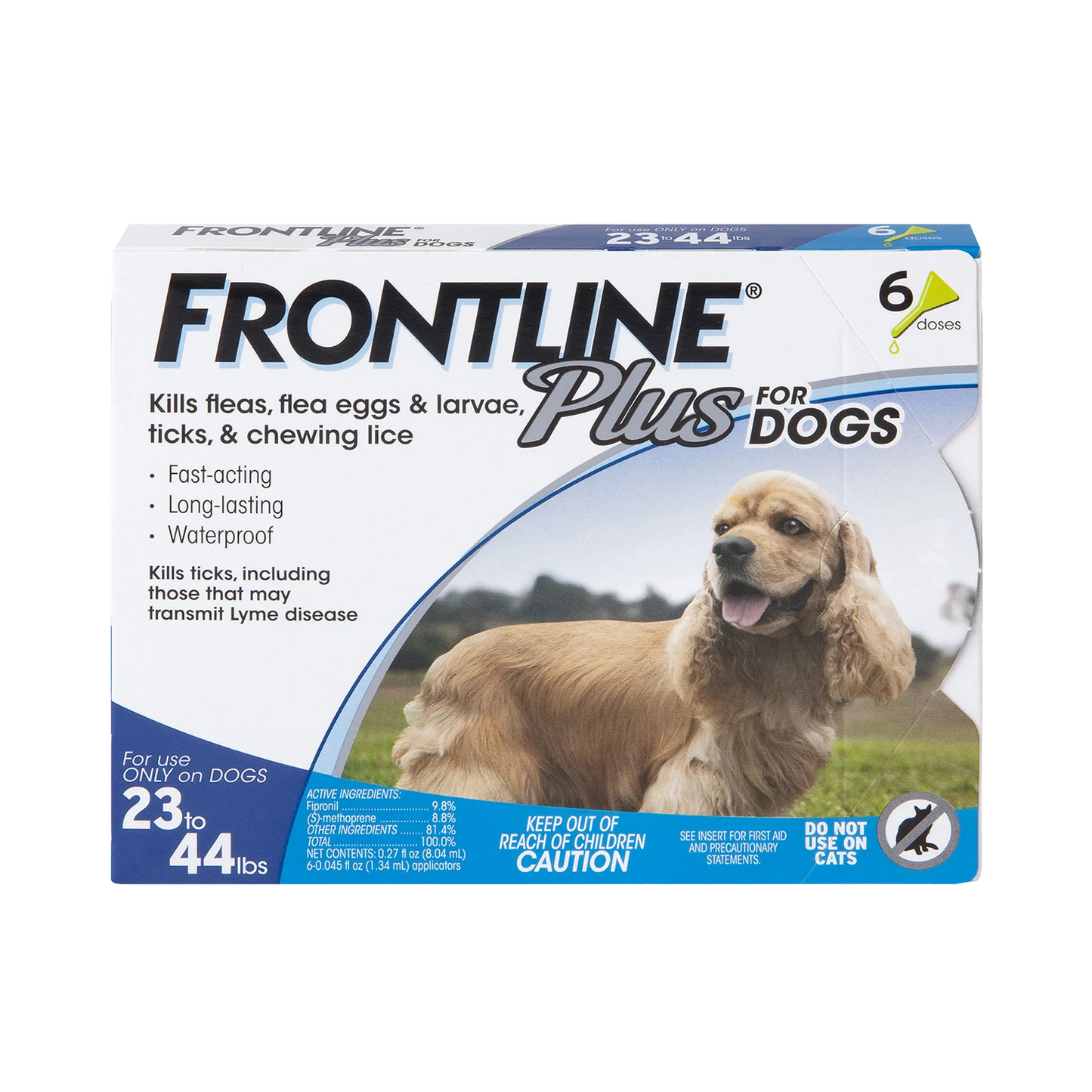 Frontline® Plus for Dogs,"Front view of flea treatment box with dog image"