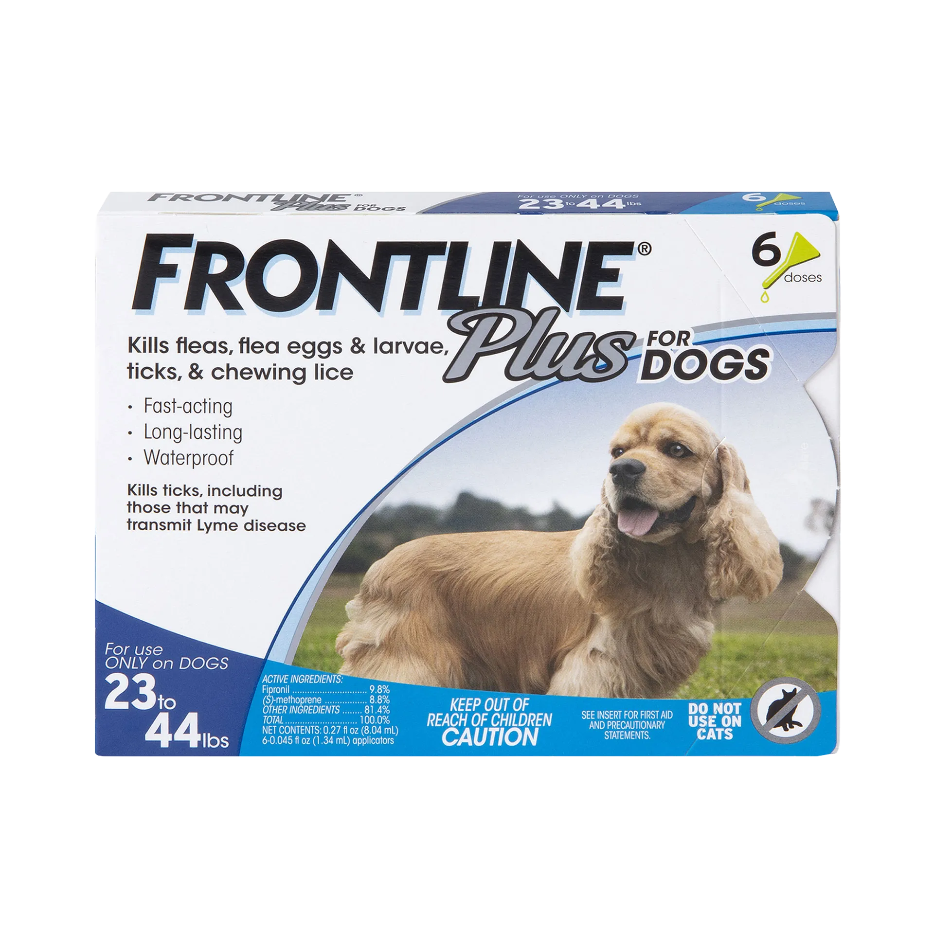 Frontline® Plus for Dogs,"Front view of flea treatment box with dog image"