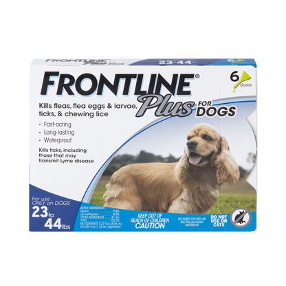 Frontline® Plus for Dogs,"Front view of flea treatment box with dog image"