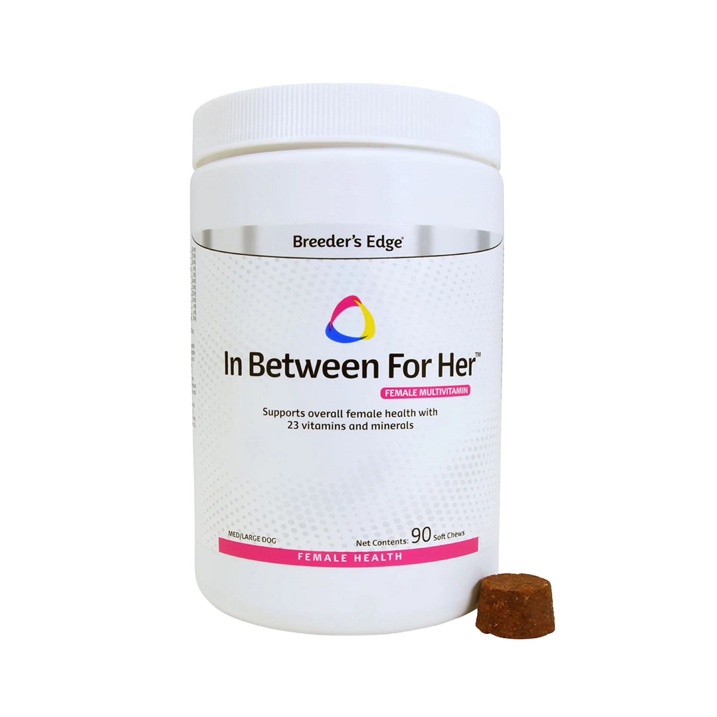 Breeder's Edge® Her Edge,"White supplement jar with screw-top lid and one brown soft chew"