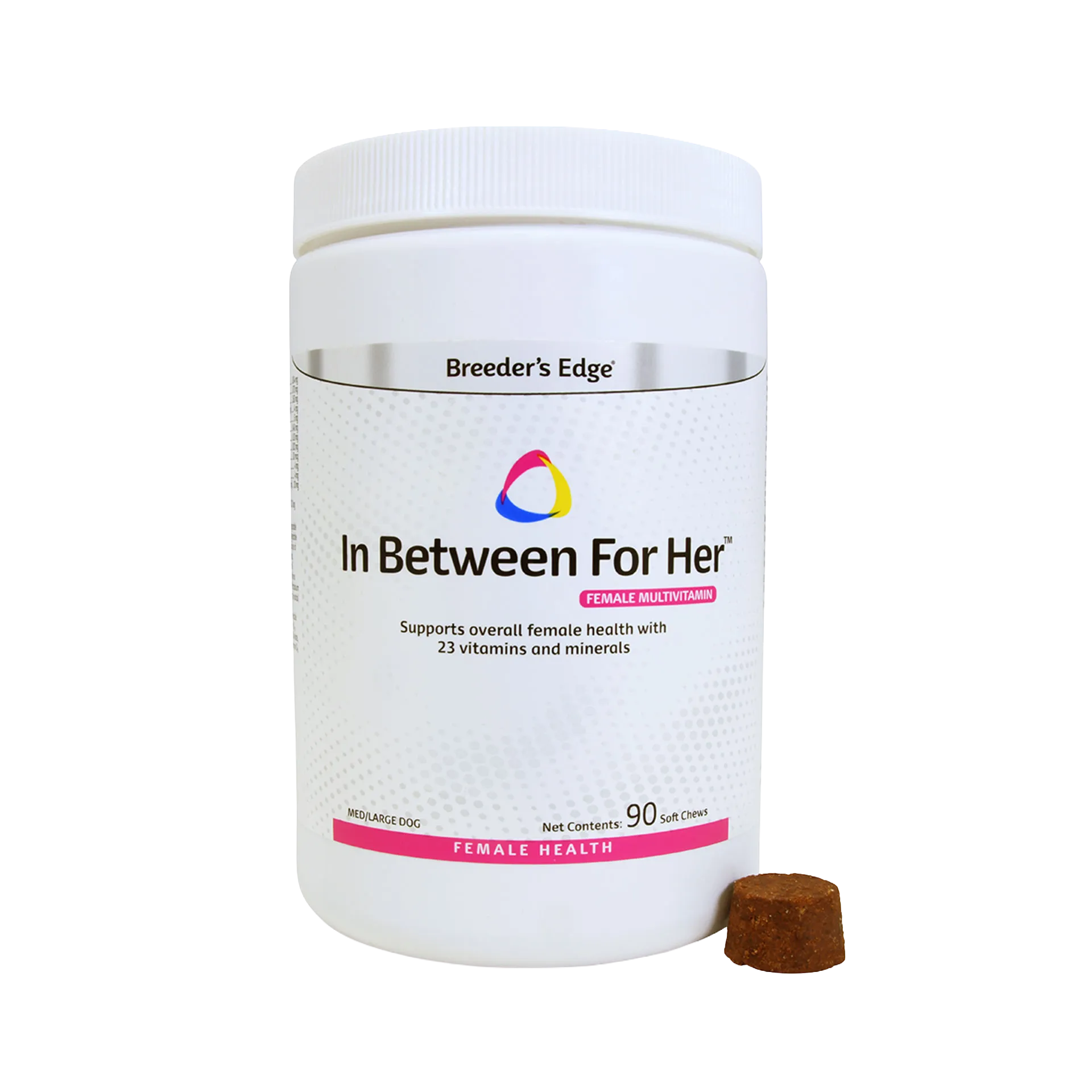 Breeder's Edge® Her Edge,"White supplement jar with screw-top lid and one brown soft chew"