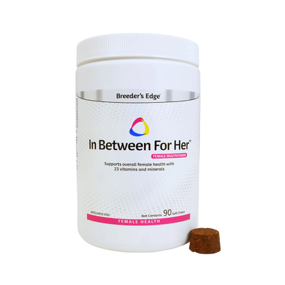 Breeder's Edge® Her Edge,"White supplement jar with screw-top lid and one brown soft chew"