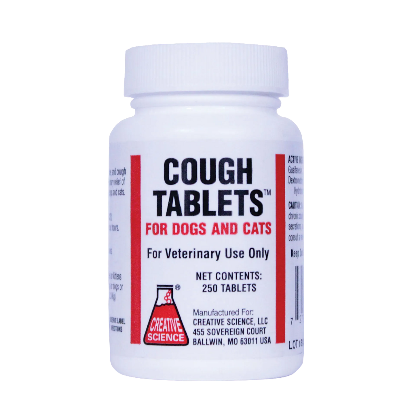 Cough Tablets™ for Dogs and Cats,"White plastic bottle with ribbed cap and front label"