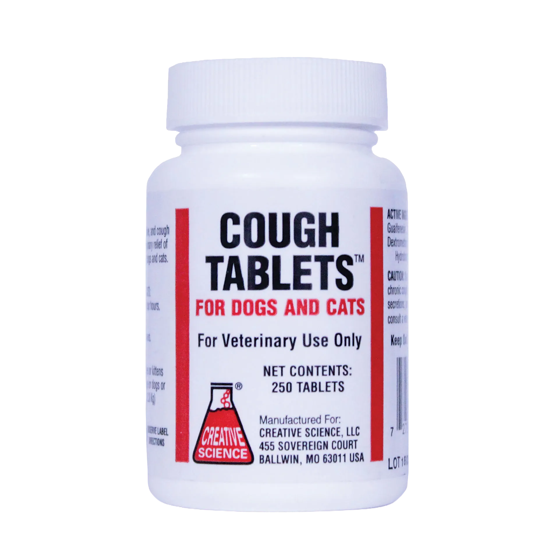 Cough Tablets™ for Dogs and Cats,"White plastic bottle with ribbed cap and front label"
