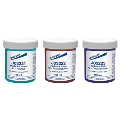 JorVet Dip Quick Stain,"Three stain solution jars with white lids"