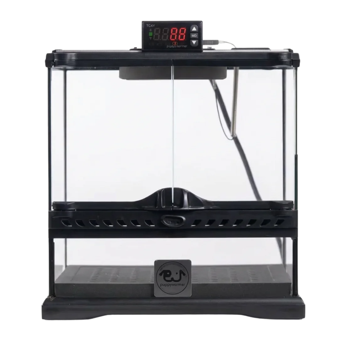 Puppywarmer Bundles,"Glass enclosure with digital temperature control and black base"