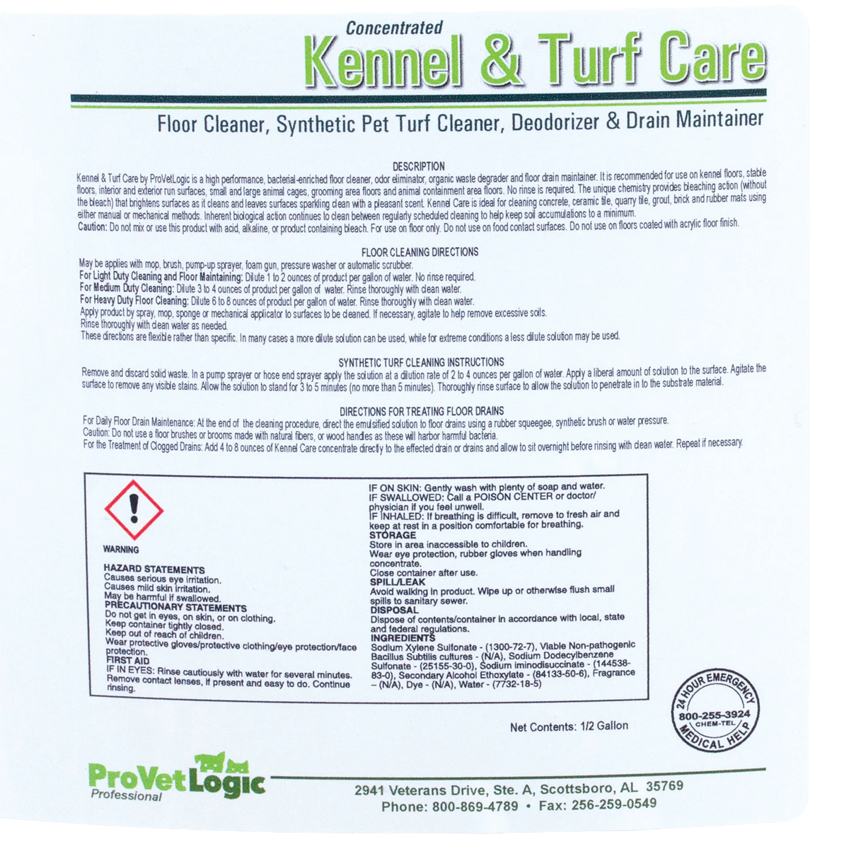 Kennel & Turf Care,"Back label panel with directions and warnings"