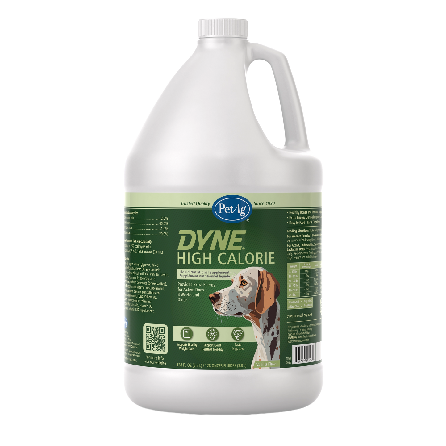 Dyne® Supplement for Dogs and Puppies,"Large white gallon jug with handle and green label featuring a dog"
