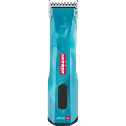 Opal Cordless Clipper and Free Blade,"Blue cordless clipper with metal blade, front view"