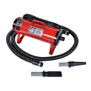 K-9 II Dog Dryer With FREE Water Peeler,"Red dog dryer with flexible hose and two nozzle attachments"