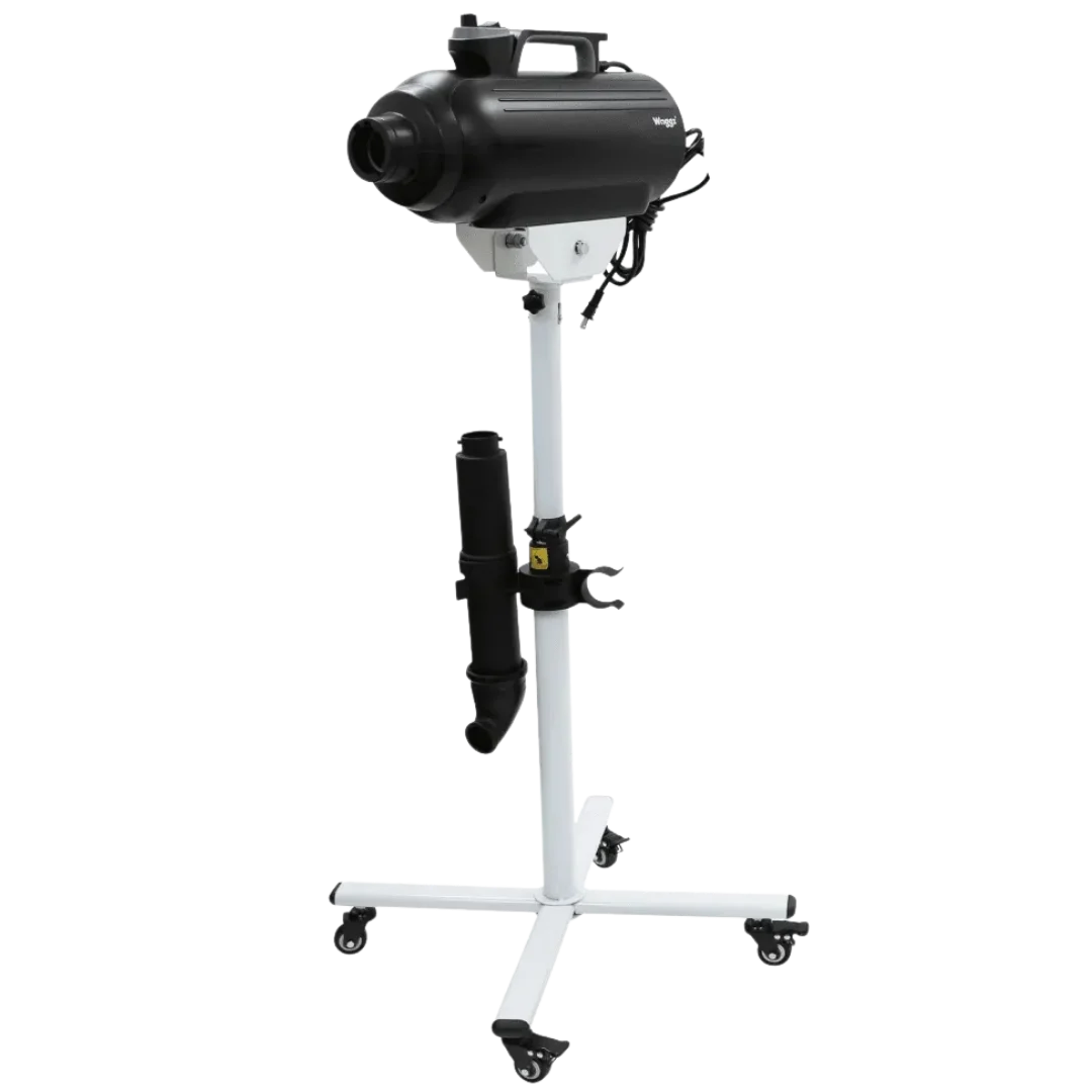 Duo-Sprint Dryer with Movable Dryer Stand by Waggz,"Black pet dryer on rolling stand with hose attachment"