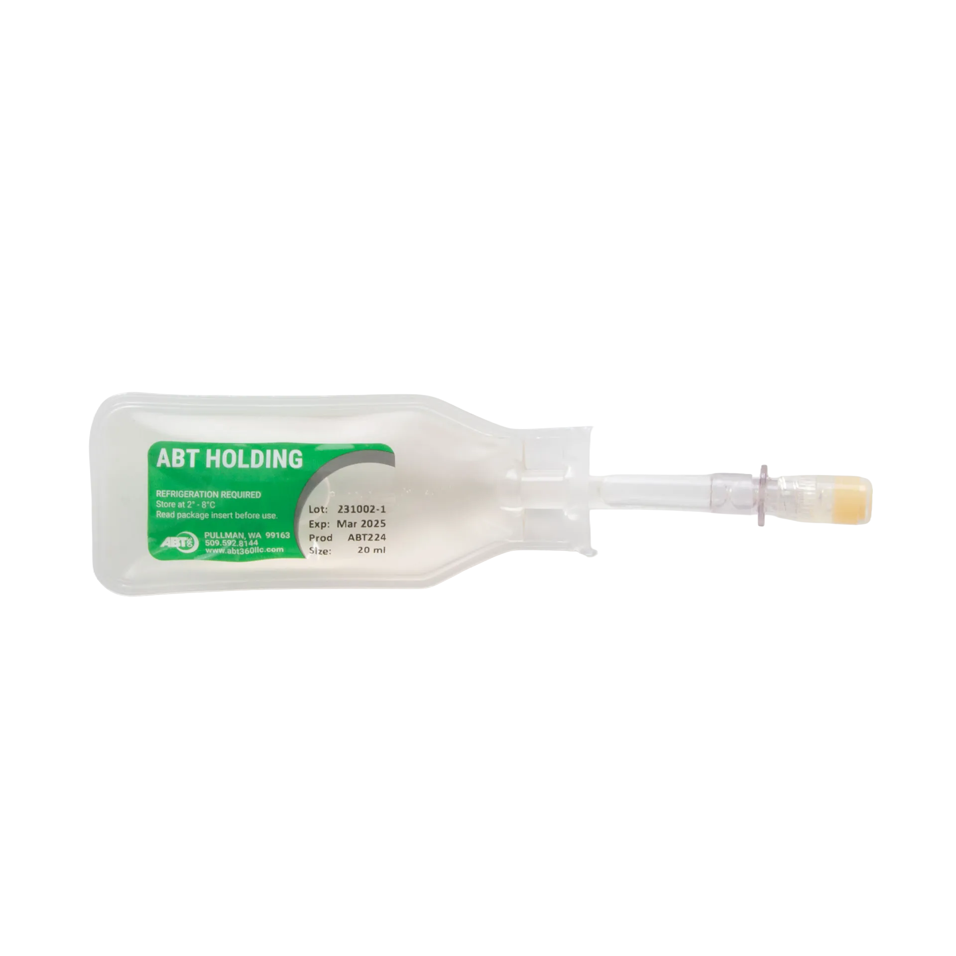 ABT360 Holding Media,"Clear syringe in sealed plastic tray with green label"
