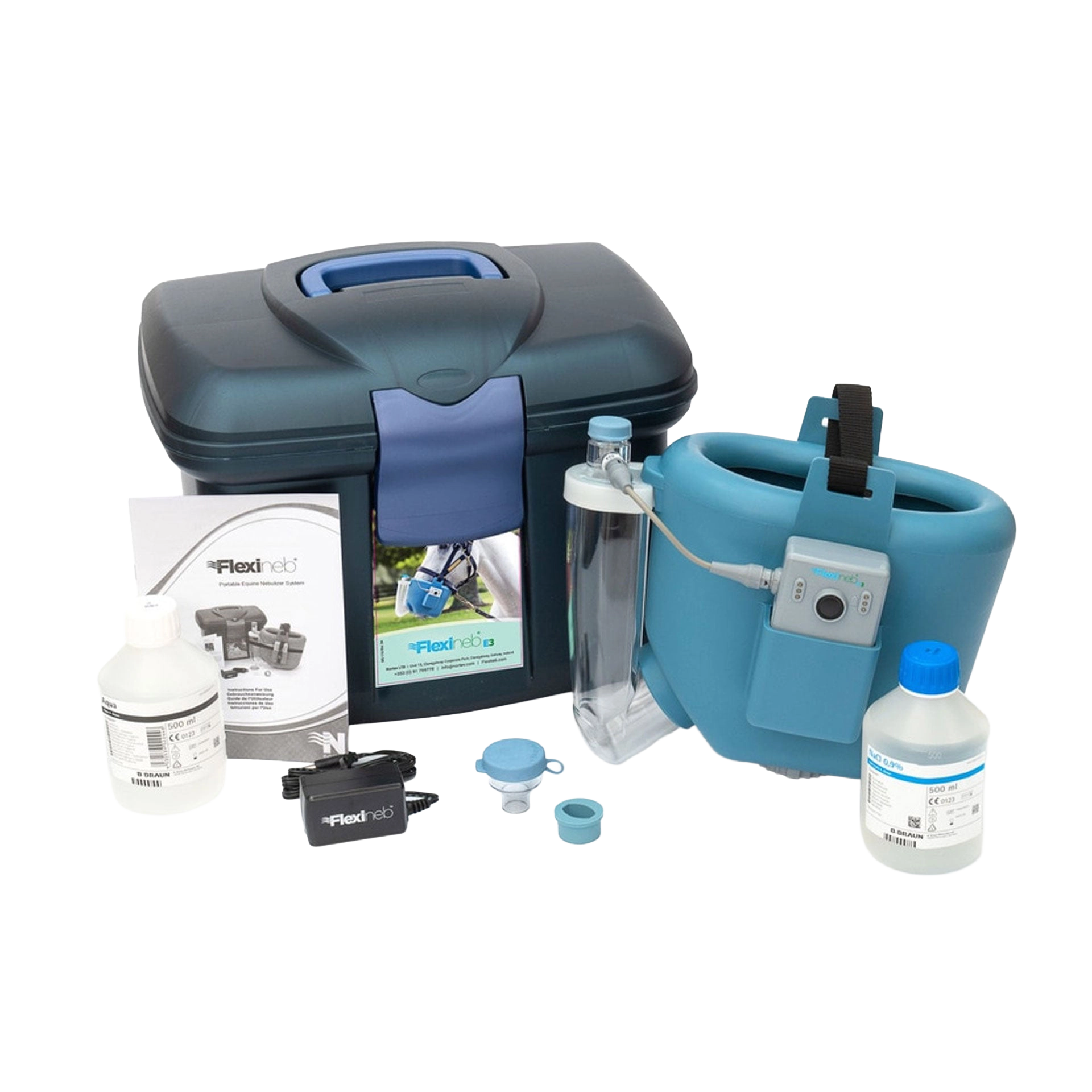 Flexineb® E3 Portable Equine Nebulizer Complete System with 2 Standard Med Cups,"Blue nebulizer set with case, charger, cups and bottles"