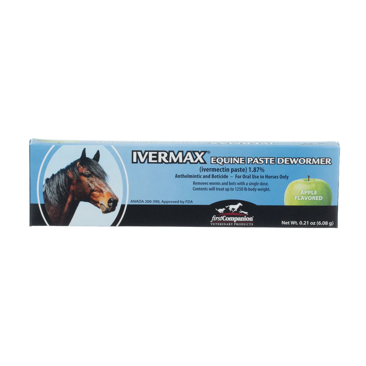 Generic Eqvalan Paste,"Blue product box with horse portrait and green apple graphic"