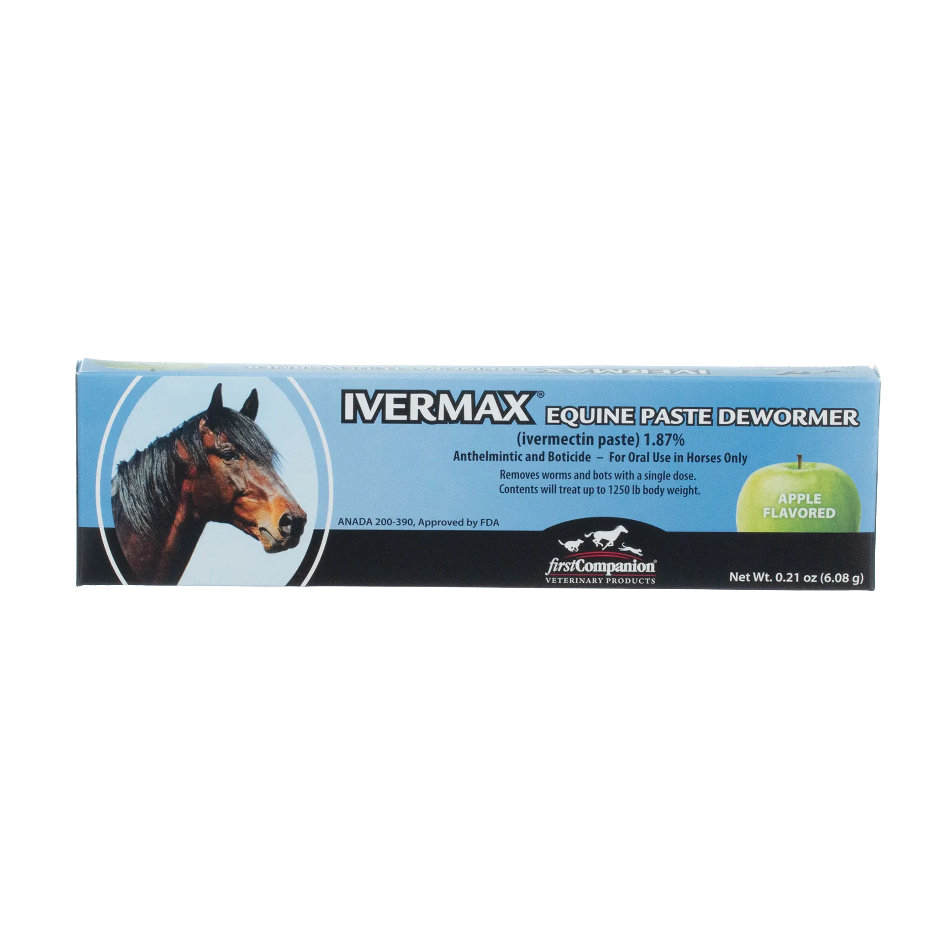Generic Eqvalan Paste,"Blue product box with horse portrait and green apple graphic"