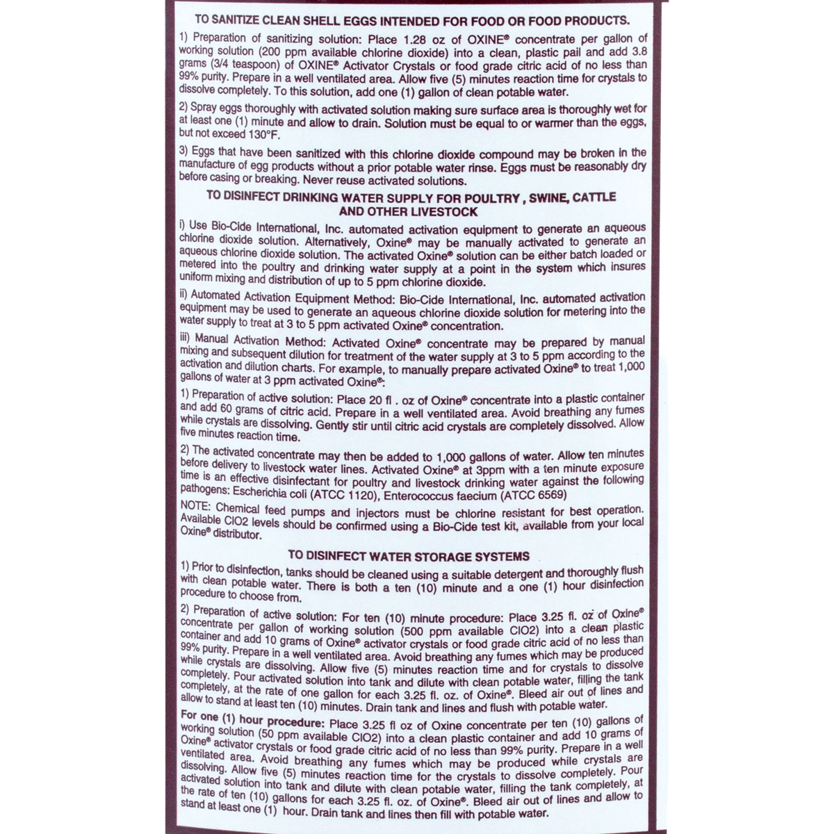 Oxine® Animal Health (AH),"Back label with usage directions and instructions"