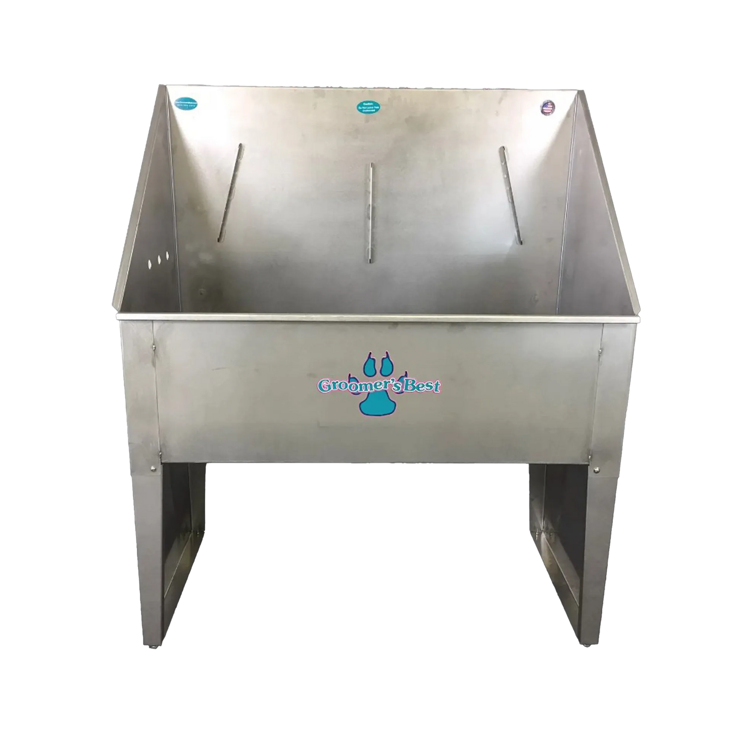 Standard Stainless Steel Bathing Tub,"Front view of stainless steel bathing tub on legs"