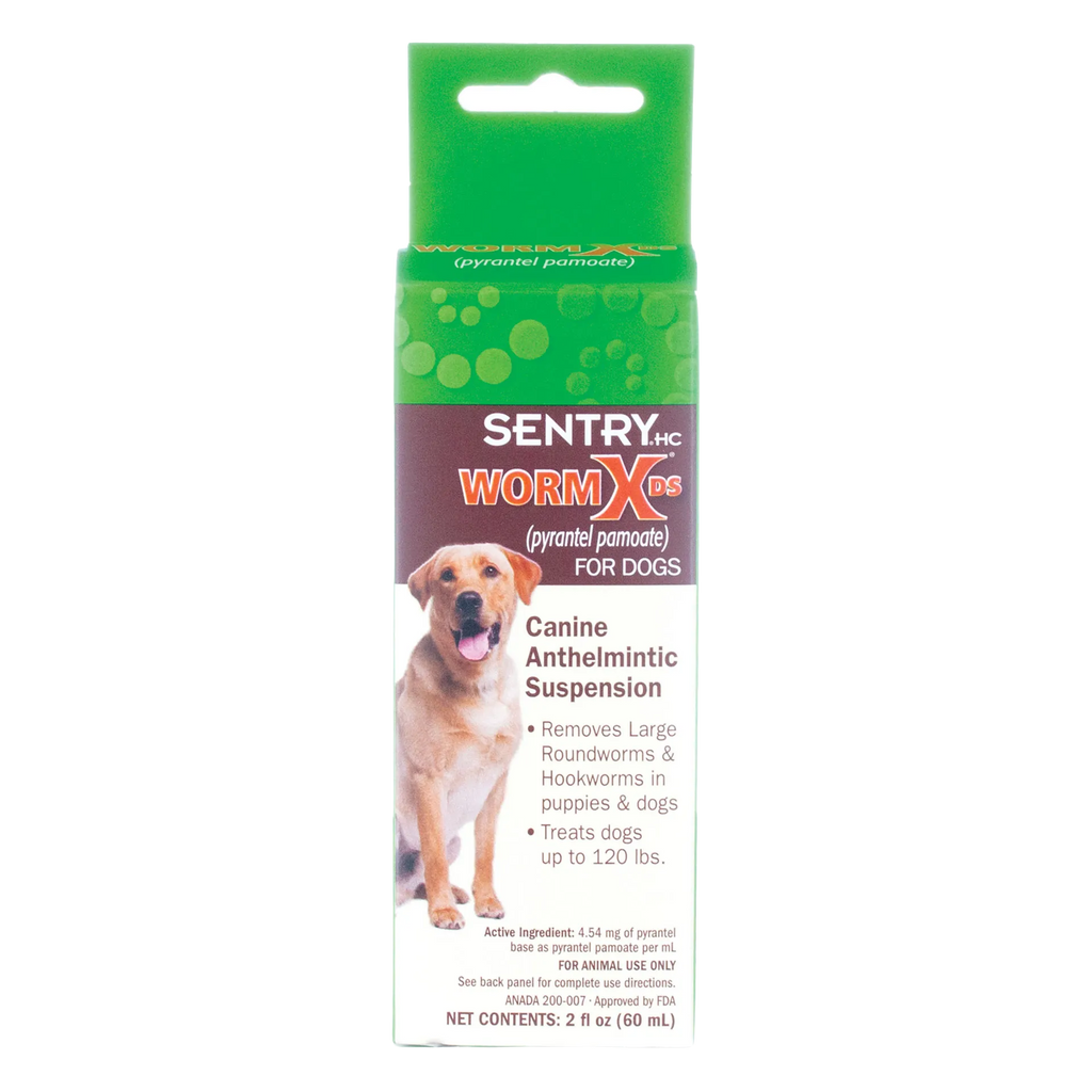 Sentry® WormX DS Liquid Dewormer,"Front view of green and white box with dog image"