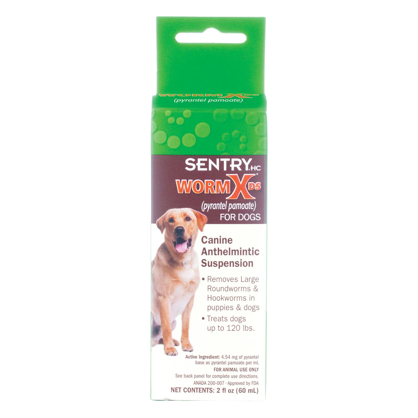 Sentry® WormX DS Liquid Dewormer,"Front view of green and white box with dog image"